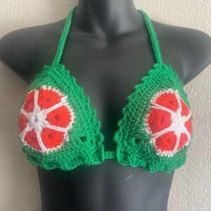 Green Crochet Halter Top with Red and White Design